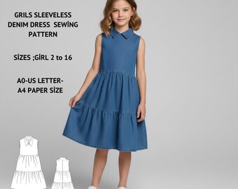 Girls Sleeveless Denim Tiered Dress Sewing Pattern, Sizes 2-16 (PDF Pattern A4 A0 US Letter)