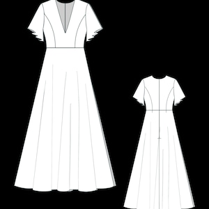 May include: A white floor-length dress with a deep V-neckline, short flutter sleeves, and a fitted waist. The illustration shows both the front view with a plunging neckline and the back view featuring a central seam and a concealed zipper closure.