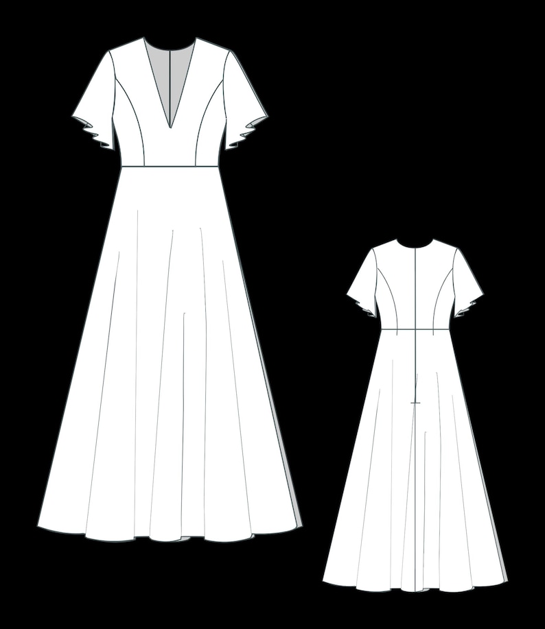 May include: A white floor-length dress with a deep V-neckline, short flutter sleeves, and a fitted waist. The illustration shows both the front view with a plunging neckline and the back view featuring a central seam and a concealed zipper closure.