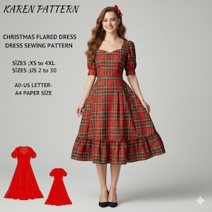 Puede incluir: Patrón de costura de vestido de Navidad acampanado a cuadros rojos y verdes. El vestido tiene un escote cuadrado, mangas cortas y una falda acampanada con volantes. Tallas XS a 4XL y tallas US 2 a 30.
