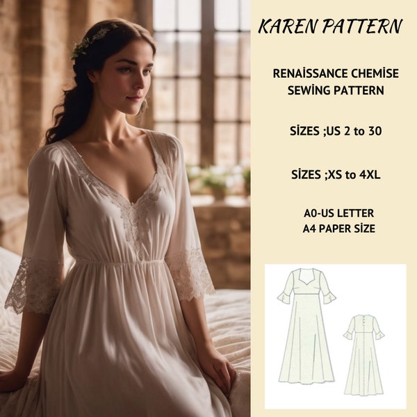 Patron de couture de chemise Renaissance, chemise de nuit Cottage, fée, régence, robe elfique, chemise de nuit médiévale, jupe froncée, régence, A0 A4, US 2 à 30