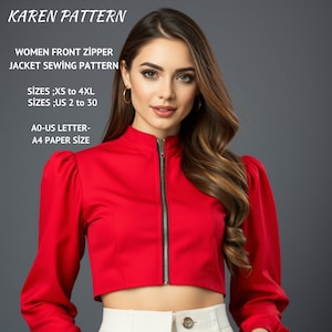 May include: A red cropped jacket sewing pattern with a front zipper. The pattern is for sizes XS to 4XL and UK sizes 2 to 30. The pattern is printed on A0-UK letter-A4 paper size.