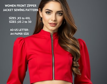 Women's Zipper Jacket Sewing Pattern, Puff Sleeve Crop Top (XS-4XL)