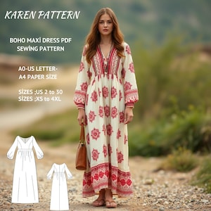 Puede incluir: Un vestido largo y fluido de estilo boho maxi en color crema con un estampado floral rojo. El vestido tiene mangas largas y un escote en V. La imagen también incluye un patrón y el texto "KAREN PATTERN", "BOHO MAXI DRESS PDF SEWING PATTERN" e información de tallas.