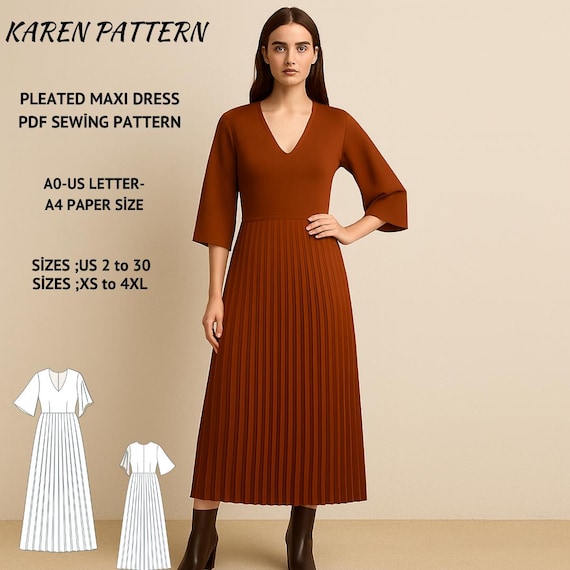 pleated neckline dress pattern V-neck Pleated Maxi Dress Sewing Pattern: XS-4XL (PDF Digital Download)
