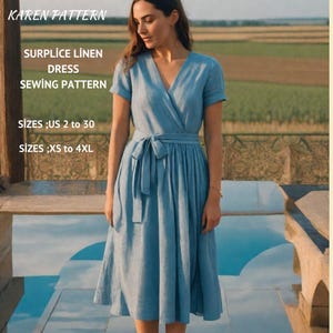 Op de afbeelding: Een naaipatroon voor een surplice linnen jurk. Het patroon is verkrijgbaar in maten 34 tot 48 en XS tot 4XL.
