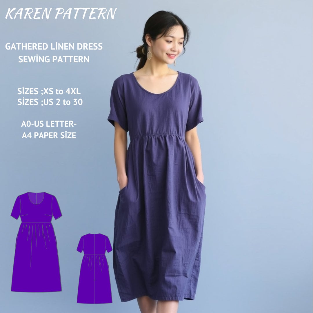 Gathered Linen Dress Sewing Pattern: Empire Waist, XS-4XL (digital ...
