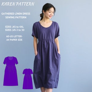 Gathered Linen Dress Sewing Pattern,Short Sleeves Dress,Empire Waist,Sundress Pattern, Milkmaid Dress,XS-4XL