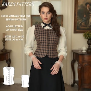 May include: A vintage vest sewing pattern in PDF format for sizes US 2 to 30 and XS to 4XL. The pattern is for a 1950s style vest with a houndstooth pattern. The pattern is available in A0/US Letter and A4 paper sizes.