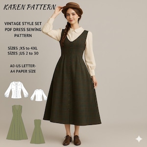 Puede incluir: Un conjunto de patrones de costura de vestido de estilo vintage. El vestido es de cuadros verde oscuro con botones en la parte delantera, usado sobre una blusa color crema. El patrón incluye tallas XS a 4XL y tallas US 2 a 30. El texto "KAREN PATTERN" está en la parte superior.