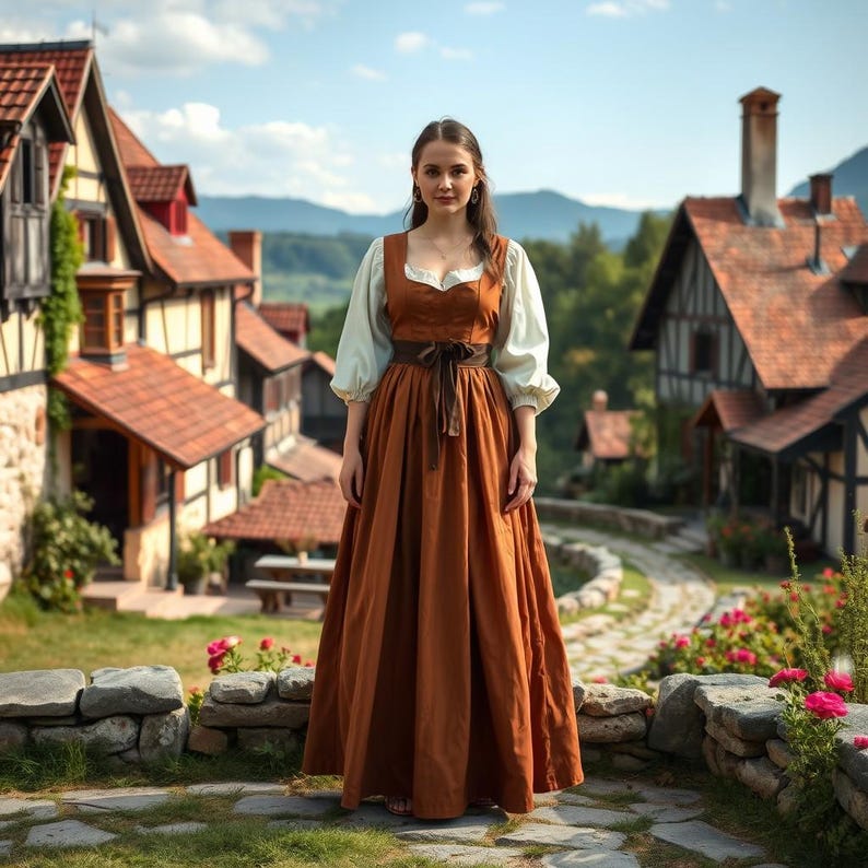 May include: A floor-length dress featuring a rust-colored sleeveless bodice and skirt with a matching tie-waist belt, worn over a cream-colored blouse with long, puffed sleeves. The garment has a square neckline and a full, flowing skirt.