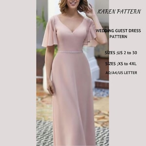 Patrón de costura de vestido largo para vestido de novia. Las opciones de tamaño varían de EE. UU. 2 a 30 y XS a 4XL. Adecuado para formatos de papel A0, A4 y carta de EE. UU. 2.