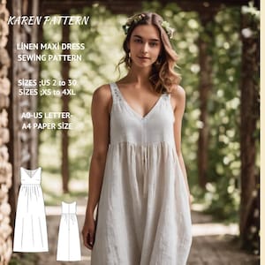 Vestido largo de lino con escote en V, patrón de costura en PDF, vestido fruncido, vestido sin mangas, vestido largo, vestido de costura, tallas XS-4XL, tamaño A4-AO (carta de EE. UU.)