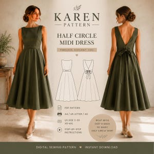 Pode incluir: Um molde de costura digital para um vestido midi de meio círculo intitulado KAREN PATTERN. O design apresenta um decote canoa, um decote em V profundo nas costas e uma cintura com laço. Inclui ficheiros PDF para A4, US Letter e A0, tamanhos 2-30.