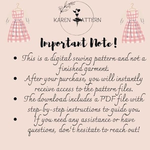 Op de afbeelding: Advertentie voor een digitaal naaipatroon met de tekst "Important Note!" en opsommingstekens die de details van het patroon uitleggen. De afbeelding bevat illustraties van jurken en de merknaam "KAREN PATTERN".