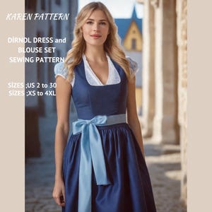 Puede incluir: Un patrón de costura para un vestido y una blusa de estilo dirndl azul. El patrón incluye las tallas US 2 a 30 y XS a 4XL.