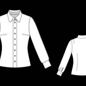 May include: A white button-down shirt with long sleeves, a collar, and buttoned cuffs. The front view shows a tailored fit with buttons down the center. The back view also shows long sleeves and a tailored fit.