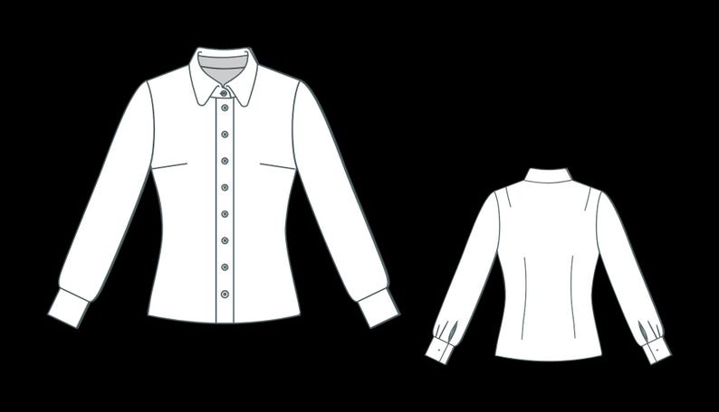 May include: A white button-down shirt with long sleeves, a collar, and buttoned cuffs. The front view shows a tailored fit with buttons down the center. The back view also shows long sleeves and a tailored fit.