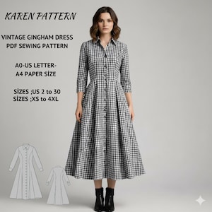 Patrón de costura para vestido midi vintage de cuadros vichy / Abotonado al frente (XS-4XL) (Descarga digital)