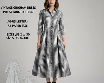 Vintage Gingham Midi Dress Sewing Pattern | Button Front (XS-4XL) (Digital Download)