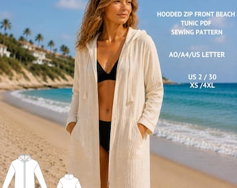 Hooded Beach Cover Up Sewing Pattern | Zip Front Tunic PDF (XS-4XL)