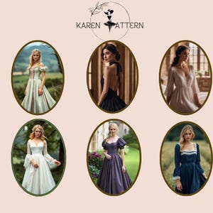 May include: A collection of six oval-framed images displaying various dresses, including a light green off-shoulder gown, a black backless dress, a sheer white dress, a white long-sleeve gown, a dark purple puff-sleeve dress, and a blue dress with lace.