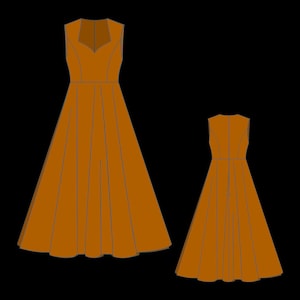 May include: A sleeveless floor-length dress in a solid mustard-brown color. The garment features a fitted bodice with a V-neckline and a flared, pleated skirt that extends to the floor. The design is shown from both the front and back views.