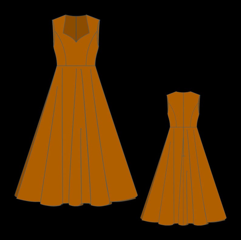 May include: A sleeveless floor-length dress in a solid mustard-brown color. The garment features a fitted bodice with a V-neckline and a flared, pleated skirt that extends to the floor. The design is shown from both the front and back views.