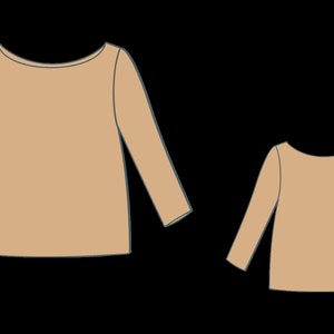 May include: A long-sleeved, tan shirt with a boat neck. The shirt is shown from the front and back.
