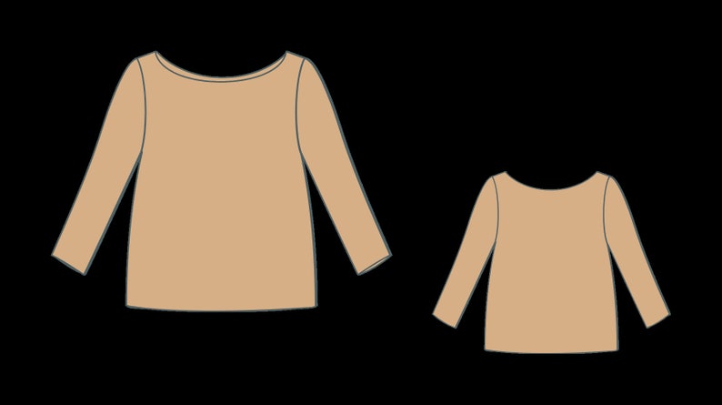 May include: A long-sleeved, tan shirt with a boat neck. The shirt is shown from the front and back.