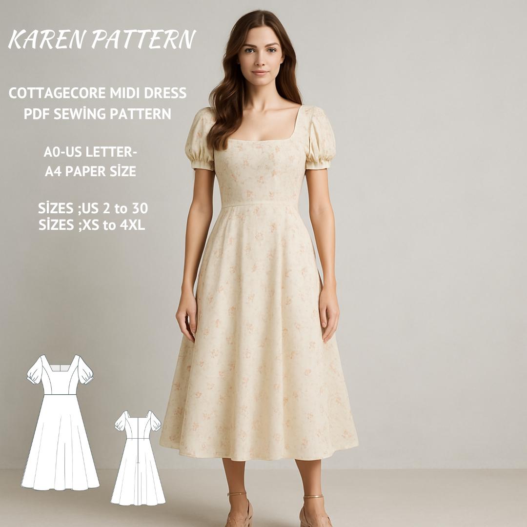 Cottagecore Floral Midi Dress Pattern, Square Neck (PDF Pattern) - Etsy