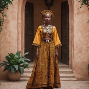 May include: A woman wearing a yellow and brown patterned dress with a matching head wrap. The dress has a fitted bodice and a flowing skirt. She is standing in front of a doorway with a brown background.