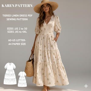 Puede incluir: Un vestido de lino escalonado de color crema con un estampado floral. El vestido tiene cuello en V, mangas cortas y bolsillos. La imagen también incluye un sombrero de paja, un bolso tejido y el texto "KAREN PATTERN" y "TIERED LINEN DRESS PDF SEWING PATTERN".