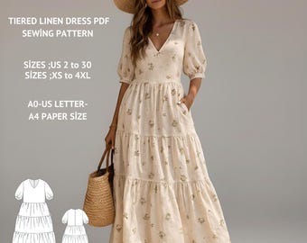 Cottagecore Tiered Linen Dress Sewing Pattern, Boho Maxi (PDF Pattern)
