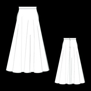 May include: Two white, full-length skirts are displayed against a black background. One skirt is shown from the front, and the other from the back. The skirts have a high waist and a flared, flowing design, ideal for a classic, elegant look.