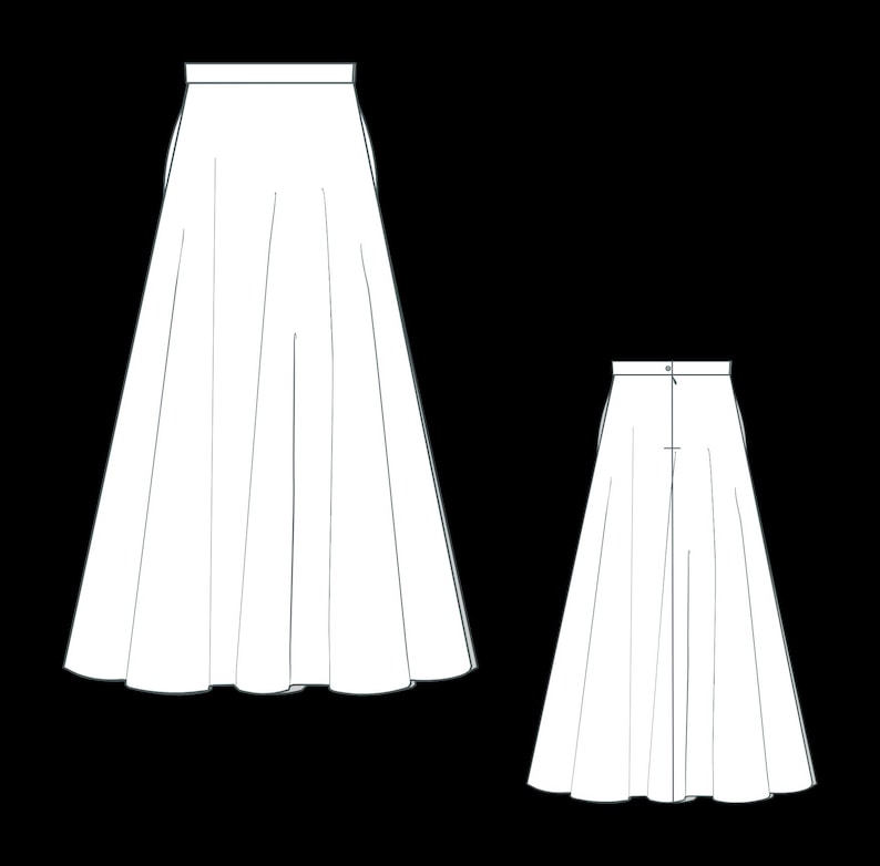 May include: Two white, full-length skirts are displayed against a black background. One skirt is shown from the front, and the other from the back. The skirts have a high waist and a flared, flowing design, ideal for a classic, elegant look.