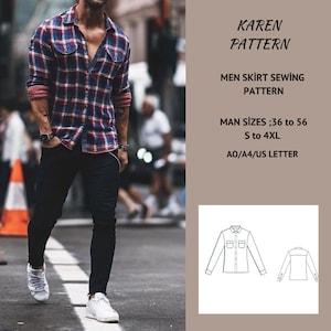 Patrón de costura PDF de camisa de hombre, descarga instantánea, tamaño de hombre; 36 a 56 // S a 4 XL // Tamaño de papel A0-A4-Carta