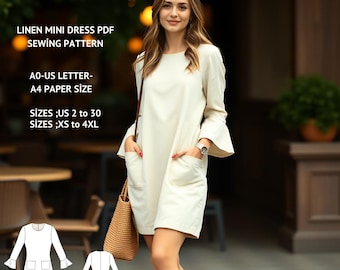 Linen Pinafore Dress Sewing Pattern, Mini Sundress with Pockets (XS/4XL Digital Download)