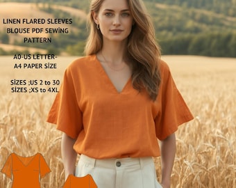 Linen Flared Sleeve Blouse Sewing Pattern:Vintage V-Neck Top (XS-4XL) (PDF Pattern)