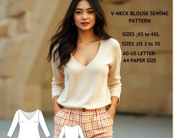 V-Ausschnitt Bluse Schnittmuster, Langarm Bluse Top, Easy BluseSchnittmuster, XS-4XL