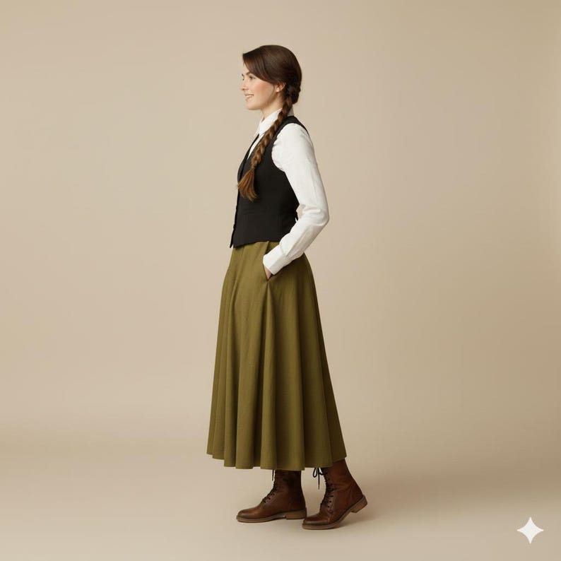 May include: A woman wearing a black vest over a white button-down shirt, paired with an olive green maxi skirt and brown leather boots. The outfit has a classic, timeless style, suitable for various occasions.