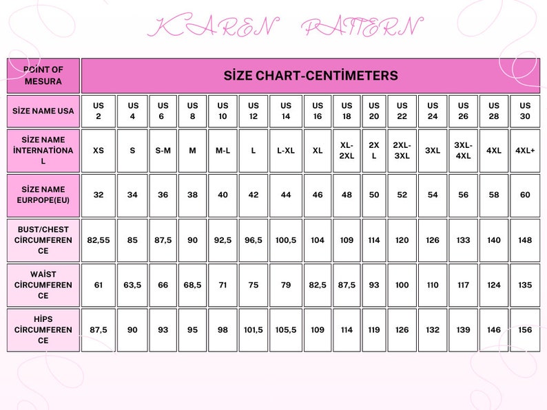May include: A size chart in pink and white with the text "Size Chart - Centimeters" at the top. The chart lists US sizes 2-30, international sizes XS-4XL+, and European sizes 32-60. The chart includes measurements in centimeters for bust/chest circumference, waist circumference, and hips circumference.