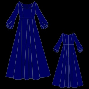 Op de afbeelding: Digitale illustratie van twee lange, donkerblauwe jurken. De jurken hebben lange mouwen met pofschouders, een vierkante halslijn en een getailleerde taille. De rok van de jurk is lang en vloeiend. De kleinere jurk is een miniatuurversie van de grotere jurk.