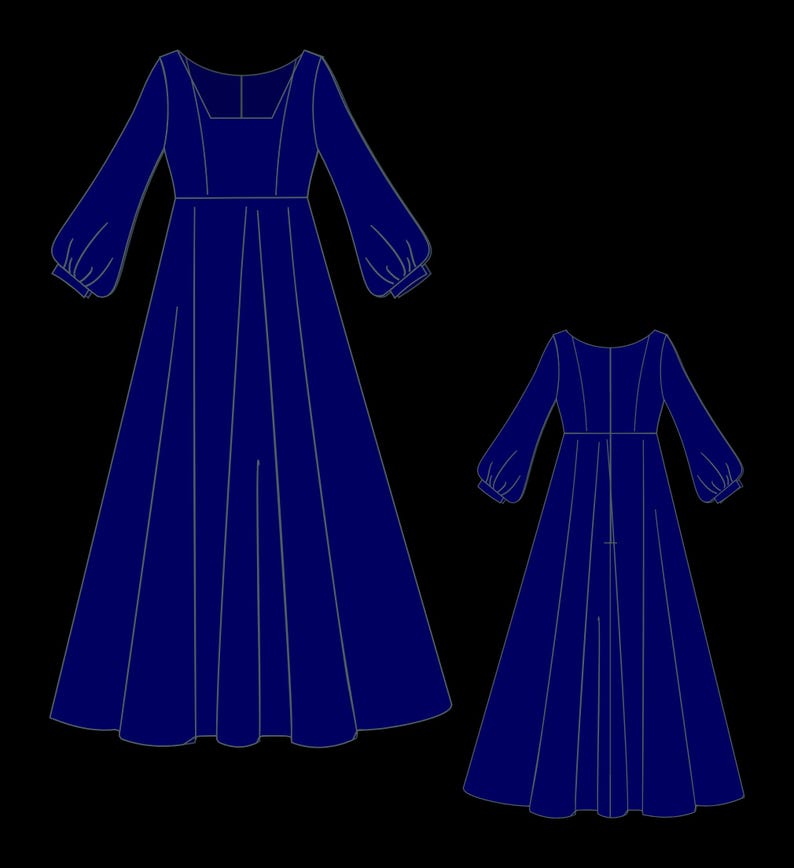 Op de afbeelding: Digitale illustratie van twee lange, donkerblauwe jurken. De jurken hebben lange mouwen met pofschouders, een vierkante halslijn en een getailleerde taille. De rok van de jurk is lang en vloeiend. De kleinere jurk is een miniatuurversie van de grotere jurk.