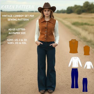 Puede incluir: Un conjunto de patrones de costura vintage de estilo vaquero para mujeres, que incluye un chaleco, una camisa y unos pantalones. El patrón está disponible en tallas españolas 34 a 52 y XS a 4XL. El patrón está impreso en papel A4 e incluye instrucciones para coser las prendas.