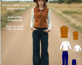 Vintage Cowboy Set Sewing Pattern: Cottagecore Blouse, Flared Pants (PDF Pattern)