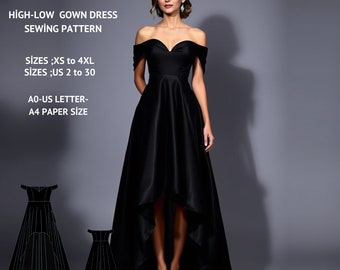 High-Low Dress Sewing Pattern: Prom,Cocktail, Evening Gown (XS-4XL) (Digital Download)