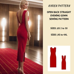 Robe dos nu, robe de soirée, patron de couture de robe longue, choix de tailles 2 à 30 US et XS à 4XL, Convient au format de papier A0-A4-US Letter
