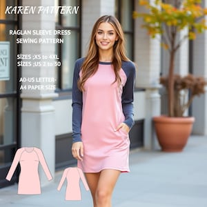 May include: A sewing pattern for a raglan sleeve dress in pink and gray. The pattern includes sizes XS to 4XL and US sizes 2 to 30. The pattern is printed on A0-US letter and A4 paper sizes.