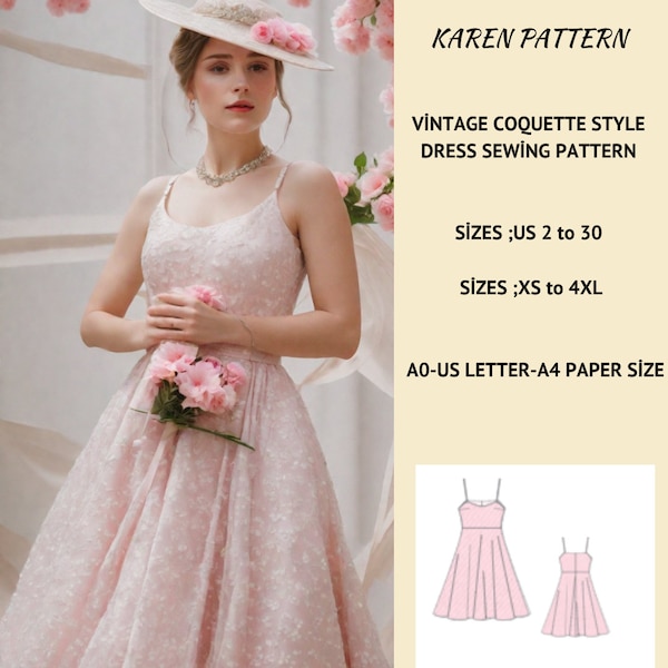 1950's Vintage Dress Sewing Pattern,Goquette Dress Pattern,Romantic vintage Dress ,Coquette Dress,Retro Dress XS-4XL A4,A0 US Letter